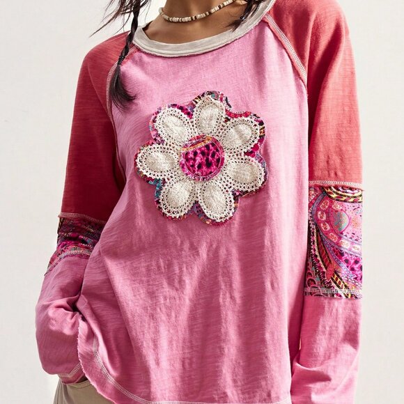 Multicolor Boho Casual Women's Patchwork Loose Washed Graphic T-Shirt - Picture 3 of 7